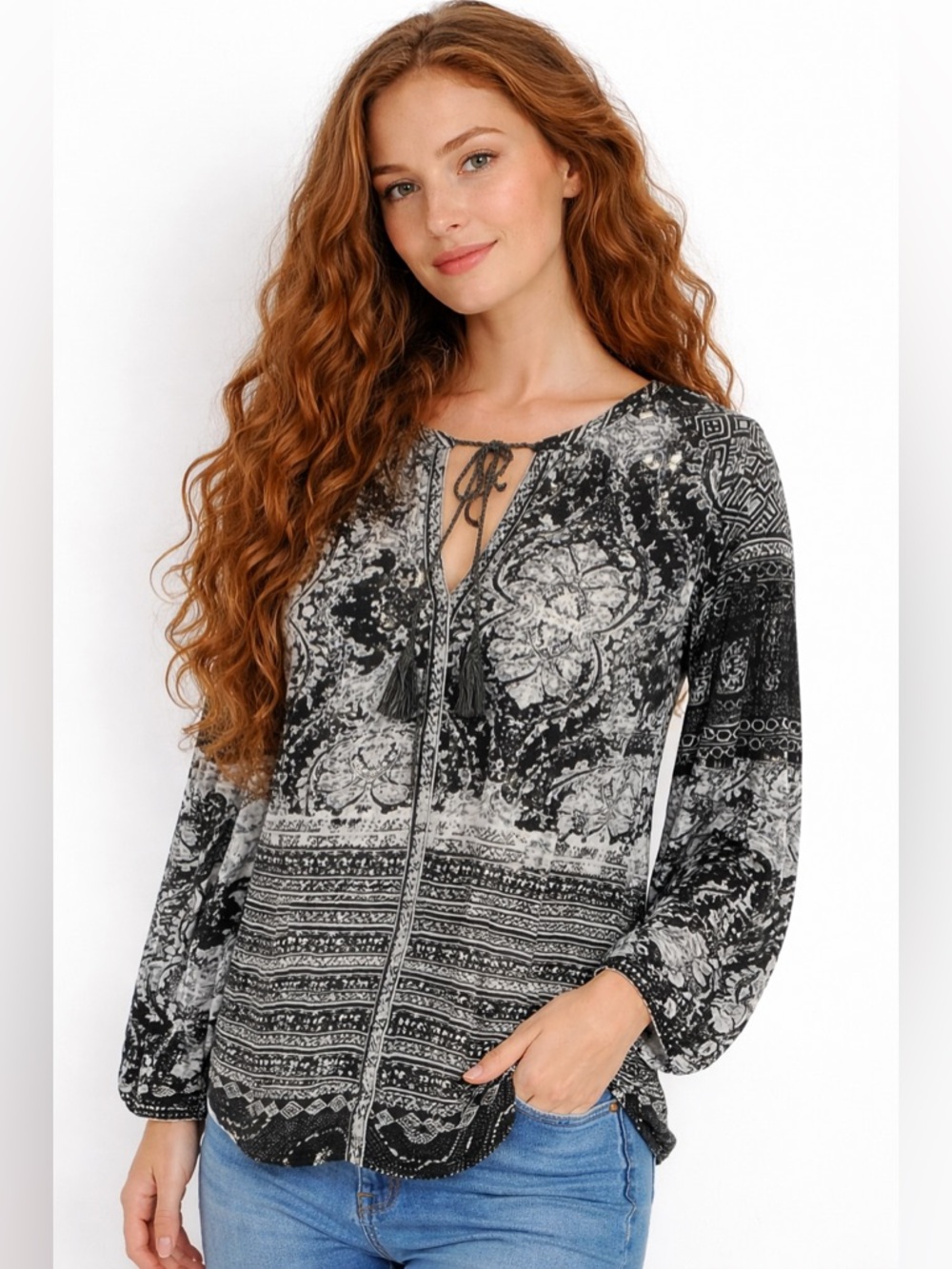 Lucky Brand Boho Black White Floral Border Print Tie Neck Peasant Top Medium